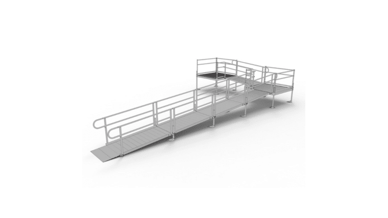30′ L x 3′ W EZ-ACCESS® PATHWAY L-Shaped Aluminum Wheelchair Ramp Kit With 5′ Platforms | Rental