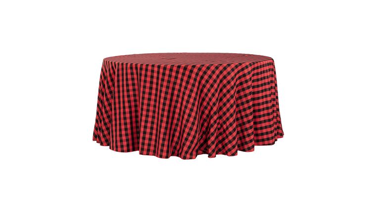 Polyester | Black & Red Check | 120″ Round Buffalo Plaid Tablecloth | Rental Polyester | Black & Red Check | 120″ Round Buffalo Plaid Tablecloth | Rental