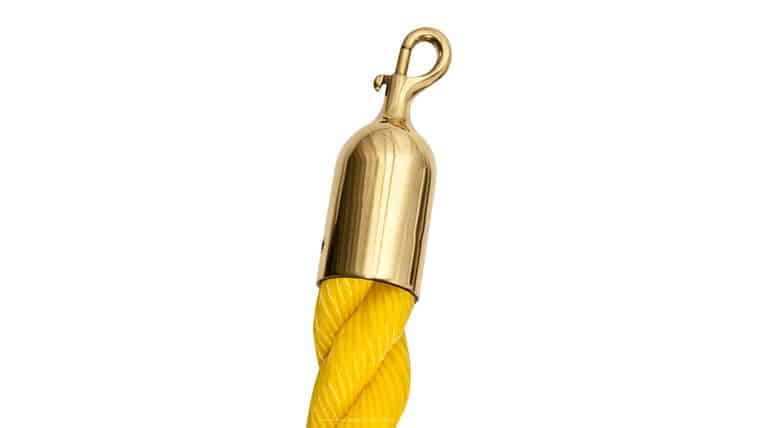 8′ Yellow Twisted Nylon Stanchion Rope w/Polished Brass Snap Hook Ends | Rental