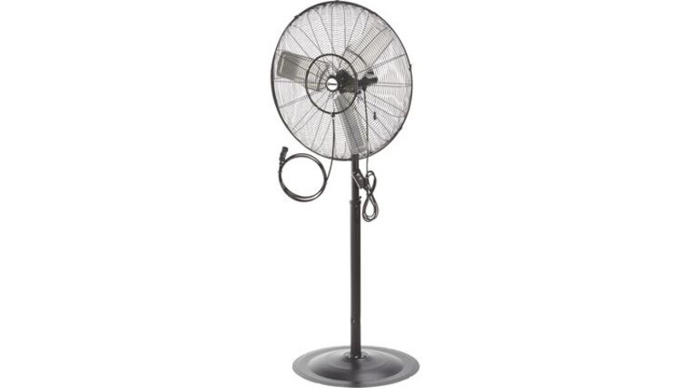 Misting Package – Mid Pressure 30″ Commercial 3-Speed Oscillating Pedestal Fan With 15″ Stainless Steel 8 Nozzle Misting Ring & 160 PSI Pump Kit | Rental