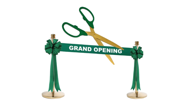 Deluxe Grand Opening Kit - 25" Black/Silver Ceremonial Ribbon Cutting Scissors with 5 Yards of 6" Red Grand Opening Ribbon, 2 Red Bows and 2 White Plastic Stanchions | Rental