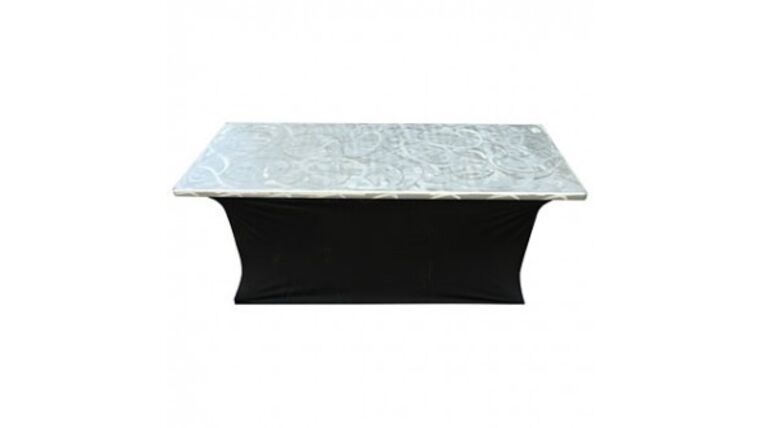 Banquet Table | Aluminum Swirl | Rectangle | 6′ x 30″ w/ Black Skirt | Rental Banquet Table | Aluminum Swirl | Rectangle | 6′ x 30″ w/ Black Skirt | Rental