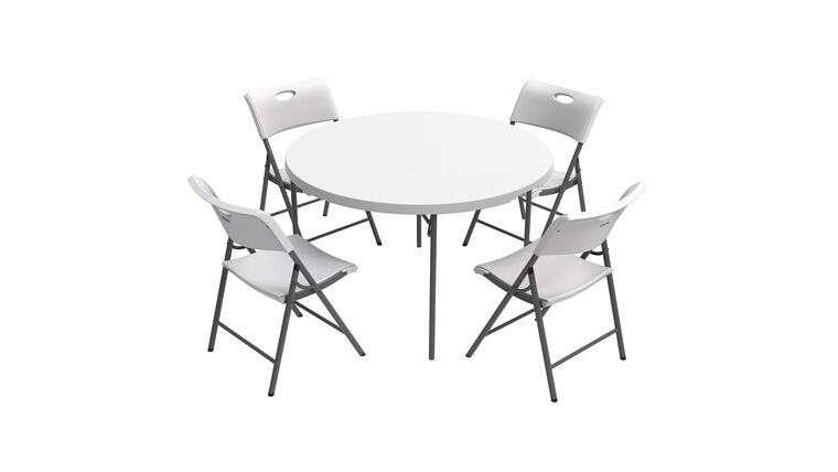 Package – Lifetime Combo – 48″ Round Fold-In-Half Commercial Grade Table and (4) Folding Chairs, White Granite | Rental