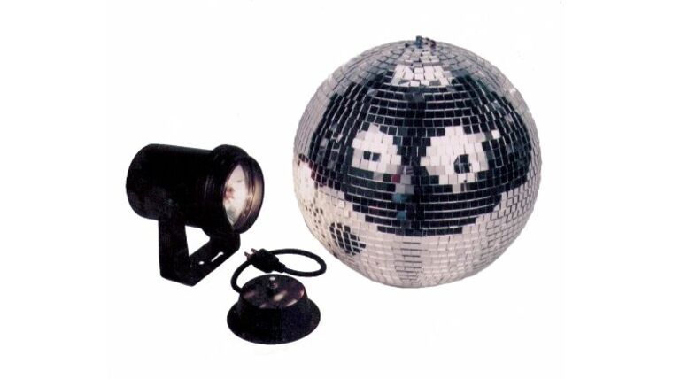 Package – 12″ Disco Mirror Ball With AC Motor 2 Pin Lights – Silver | Rental