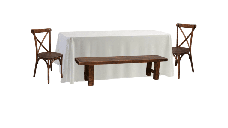 Package – 1 Banquet Table With 2 Mahogany Long Benches And 2 Mahogany Cross-Back Chairs Package | Rental