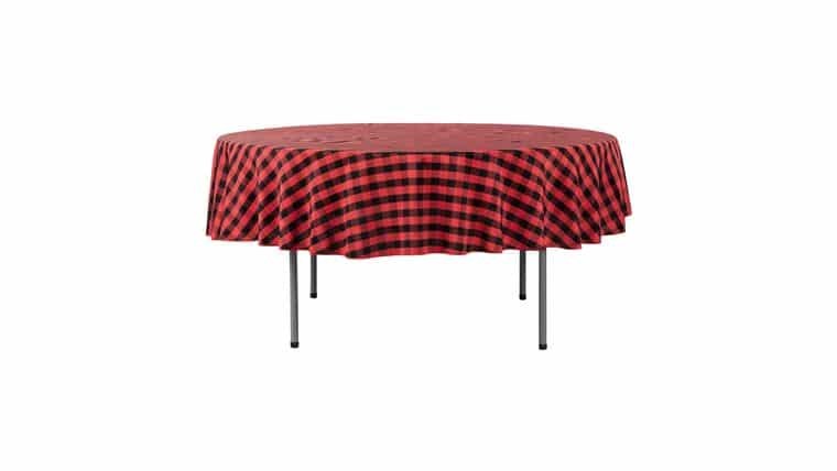 Polyester | Black & Red Check 90″ Round Buffalo Plaid Tablecloth | Rental Polyester | Black & Red Check 90″ Round Buffalo Plaid Tablecloth | Rental