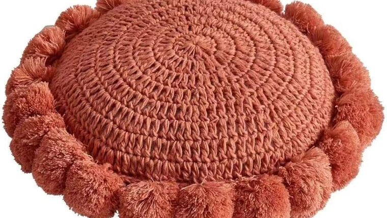 Knitted Throw Pillow Round Couch Pillow Sofa Cute Cushion Handmade Pompoms Decorative Plush Pillow - Orange | Rental