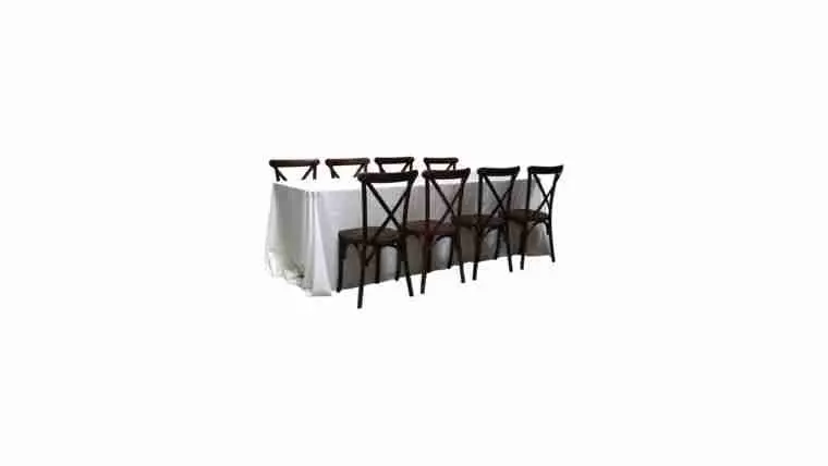 Package – 1 (8′) Banquet Table With 8 Mahogany Cross-Back Chairs Package | Rental