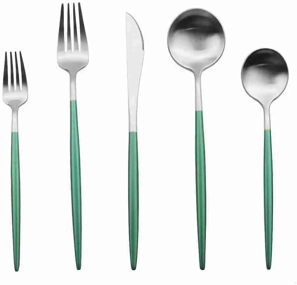 Package – Modern Silver/Green Matte 5 Piece Flatware Set | Rental Package – Modern Silver/Green Matte 5 Piece Flatware Set | Rental
