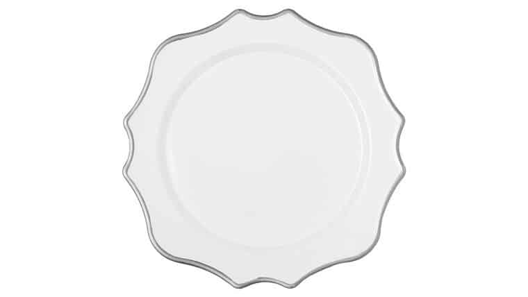 Lotus Scalloped Acrylic Charger Plate – White/Silver Trimmed | Rental