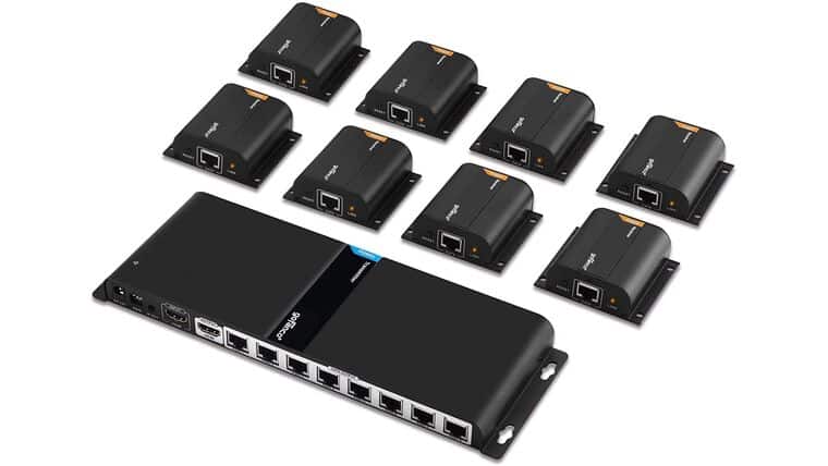 Gofanco 1080p 1×8 8 Port HDMI Extender Splitter Over CAT6/CAT6a/CAT7 Ethernet Cable with an HDMI Loopout & IR Extension (1 in 8 Out) – Up to 40m (130ft) at 1080p 60Hz (HDMIExt8P) | Rental