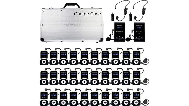 Case of 2 Transmitter 30 Receiver 1 Charging Case, Retekess T130 Tour Guide Audio System with 2 TT123 Wireless Microphone, Church Translation Equipment for Factory, School, Training | Rental Case of 2 Transmitter 30 Receiver 1 Charging Case, Retekess T130 Tour Guide Audio System with 2 TT123 Wireless Microphone, Church Translation Equipment for Factory, School, Training | Rental