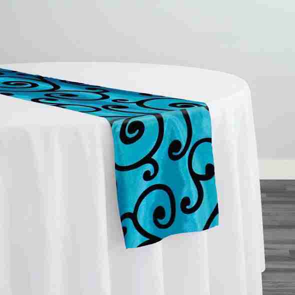 Swirl Flocking Taffeta Table Runner in Black on Turquoise | Rental Swirl Flocking Taffeta Table Runner in Black on Turquoise | Rental
