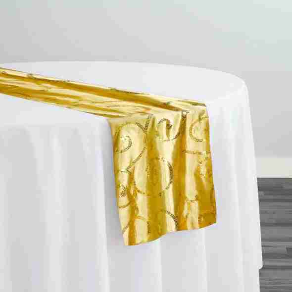 Swirl Sequins Taffeta Table Runner in Gold | Rental Swirl Sequins Taffeta Table Runner in Gold | Rental