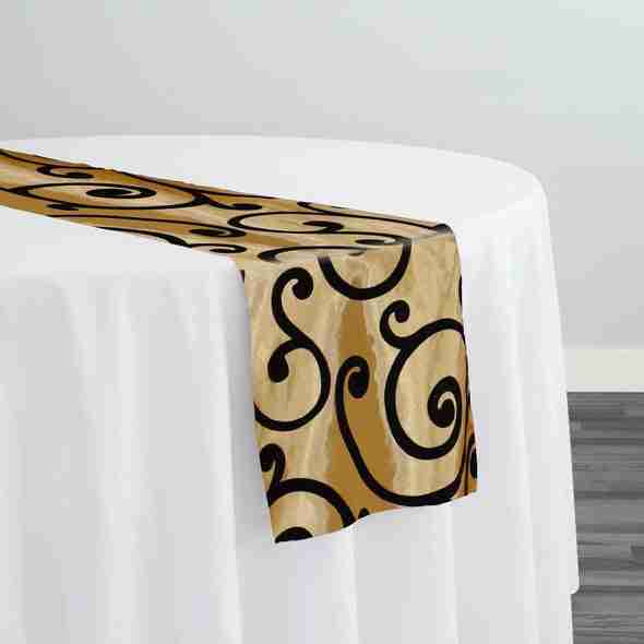 Swirl Flocking Taffeta Table Runner in Black on Gold | Rental Swirl Flocking Taffeta Table Runner in Black on Gold | Rental