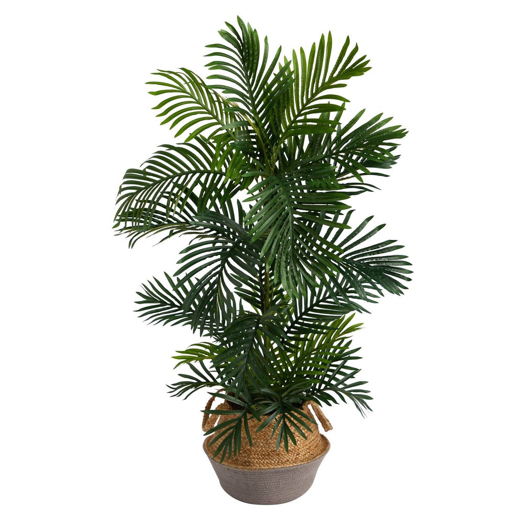 4’ Areca Palm Tree in Boho Chic Handmade Cotton & Jute Gray Woven Planter UV Resistant | Rental