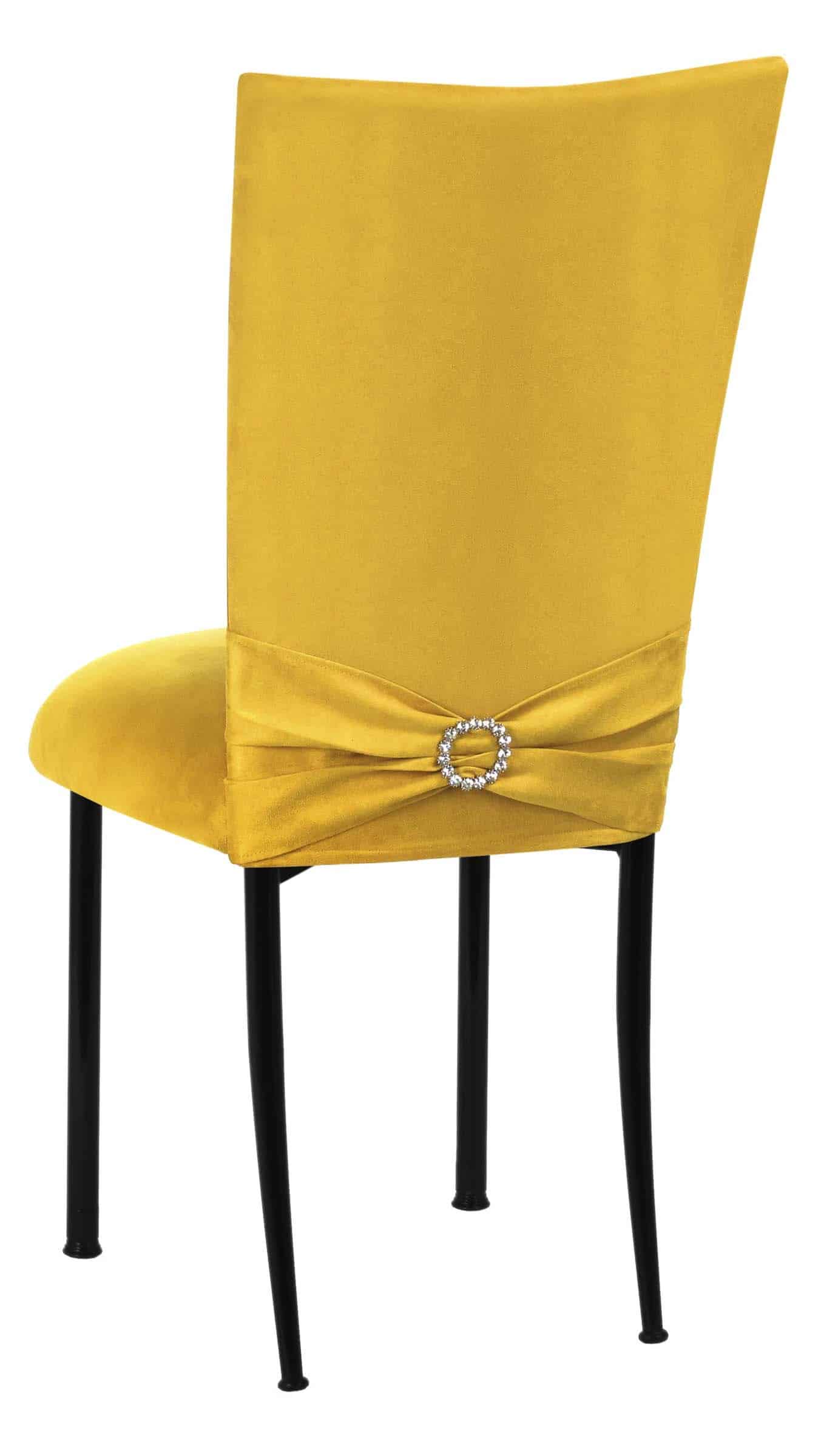 Canary Suede Chair Cover with Jewel Belt and Cushion on Black Legs – Chameleon Chair Collection | Rental