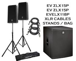 (2) Electro-Voice ZLX-15P 15” Powered Loudspeakers Packaged with Electro-Voice ELX118P 700 Watt 18″ Powered Subwoofer + Speaker stand + (2) XLR to XLR Cables 15ft. | Rental