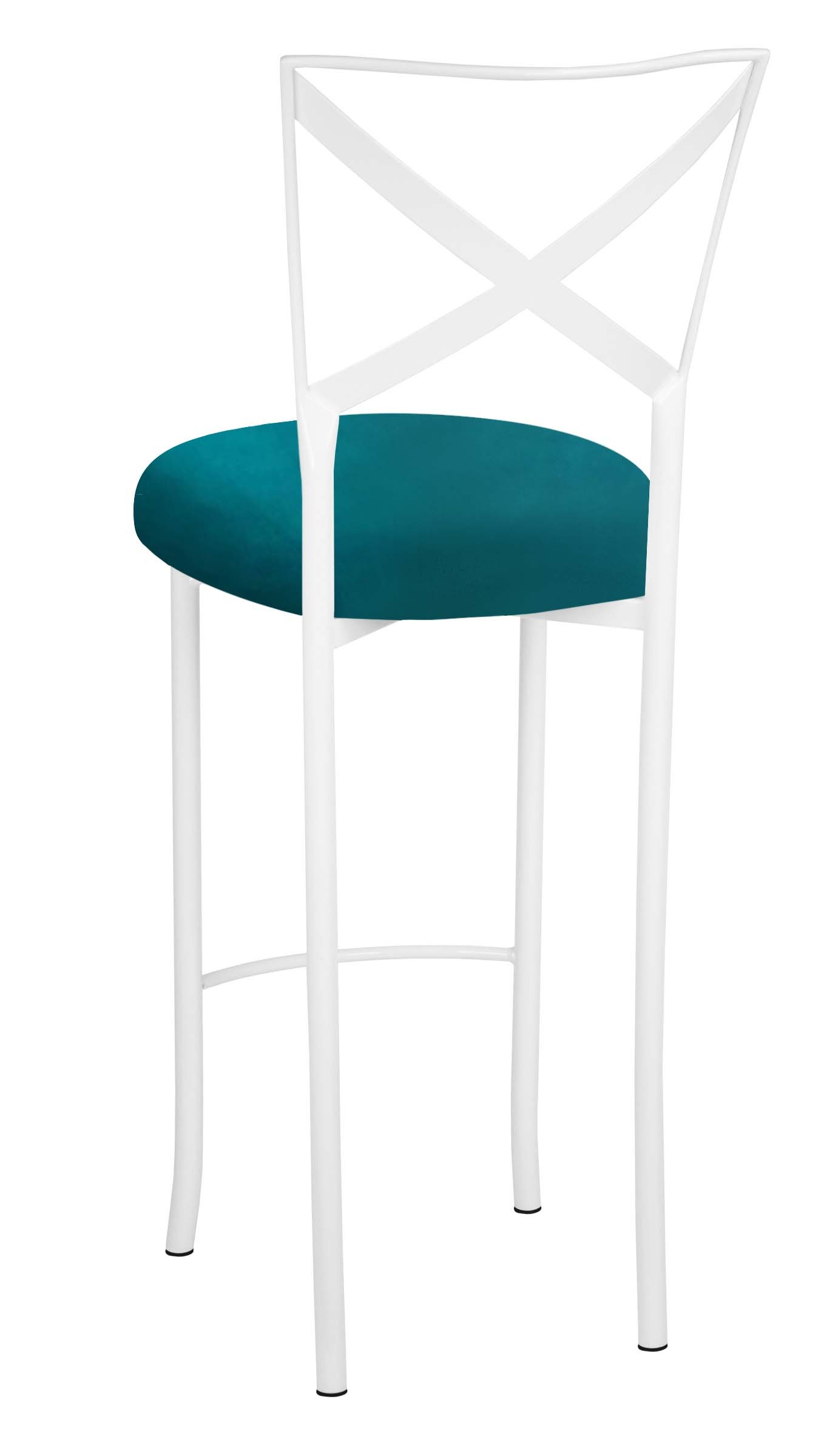 White Simply X Barstool with Teal Velvet Cushion – Chameleon Chair Collection | Rental