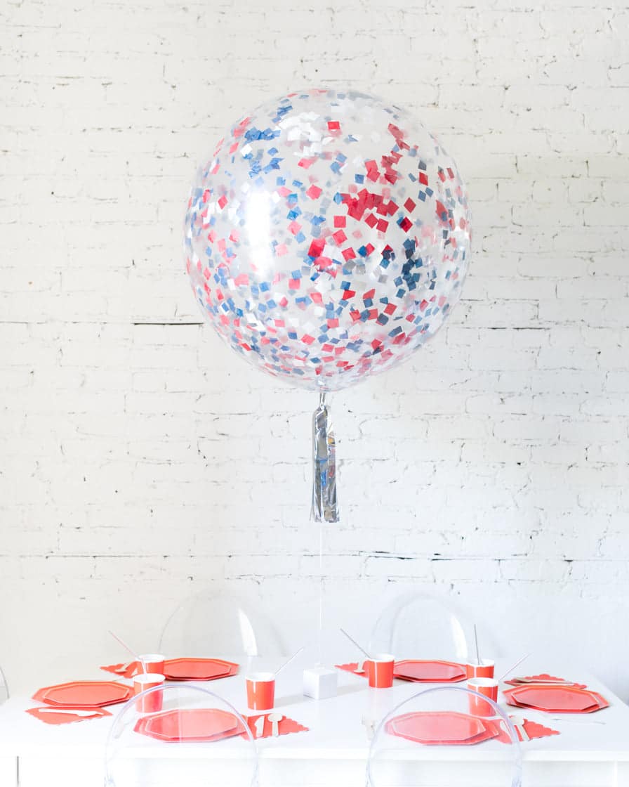 Red, White and Blue Palette Confetti Giant Balloon and Silver Skirt Centerpiece | Purchase Red, White and Blue Palette Confetti Giant Balloon and Silver Skirt Centerpiece | Purchase