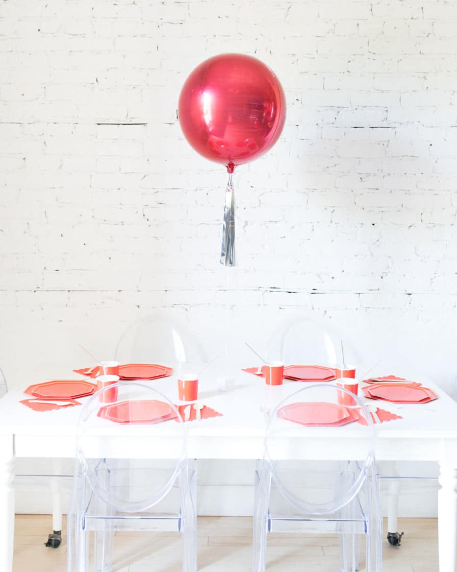 16in Red Orb Foil Balloon and Silver Skirt Centerpiece | Purchase 16in Red Orb Foil Balloon and Silver Skirt Centerpiece | Purchase