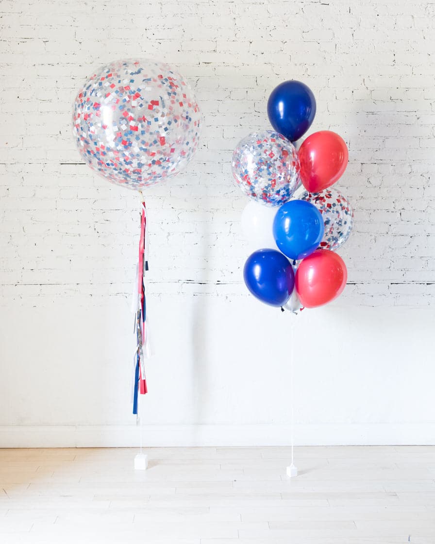 Red, White and Blue Palette Confetti Giant and 11in Balloon Bouquet Set | Purchase Red, White and Blue Palette Confetti Giant and 11in Balloon Bouquet Set | Purchase