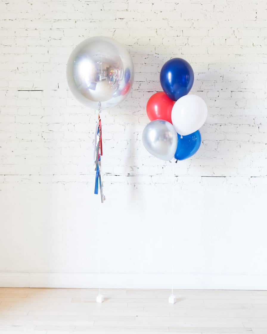 Red, White and Blue Palette 11in Balloon Bouquet and Silver Orb Set | Purchase Red, White and Blue Palette 11in Balloon Bouquet and Silver Orb Set | Purchase