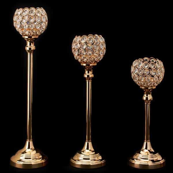 Decostar™ Crystal Ball Candle Holder Stand Set of 3 – Gold | Rental