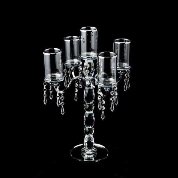 Decostar™ Crystal Candelabra 5 arm with Glass Cylinders 19½” – Silver | Rental