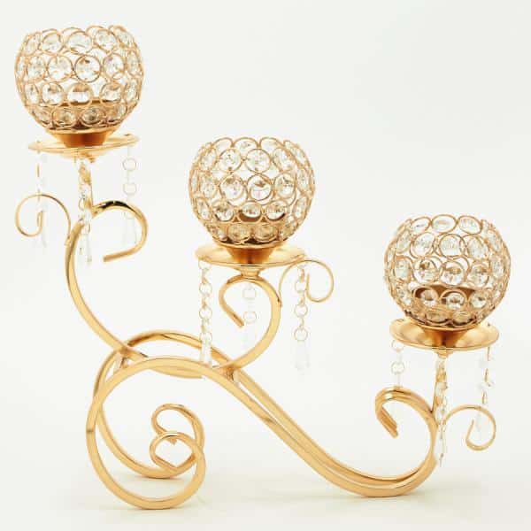 Decostar™ Gold and Crystal Bead Tabletop Low Candelabra – 16″ x 4″ x 15¼” | Rental