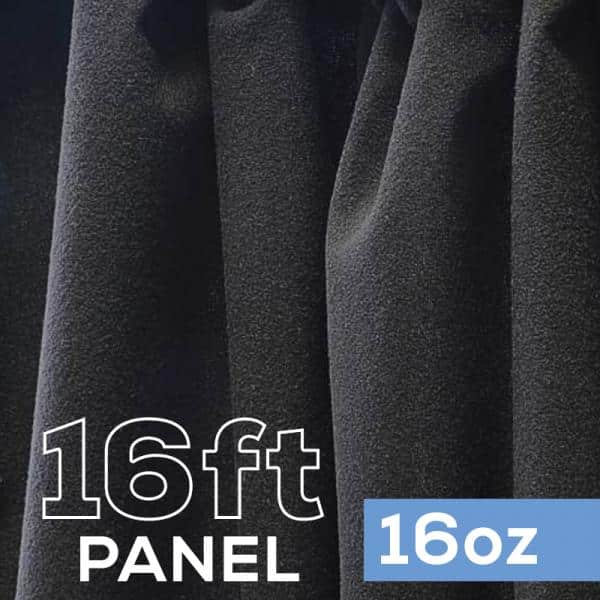 16oz. Fire Retardant Duvetyne/Commando Cloth – Sewn Drape Panel w/ 4″ Rod Pockets – 16ft in Black | Rental 16oz. Fire Retardant Duvetyne/Commando Cloth – Sewn Drape Panel w/ 4″ Rod Pockets – 16ft in Black | Rental