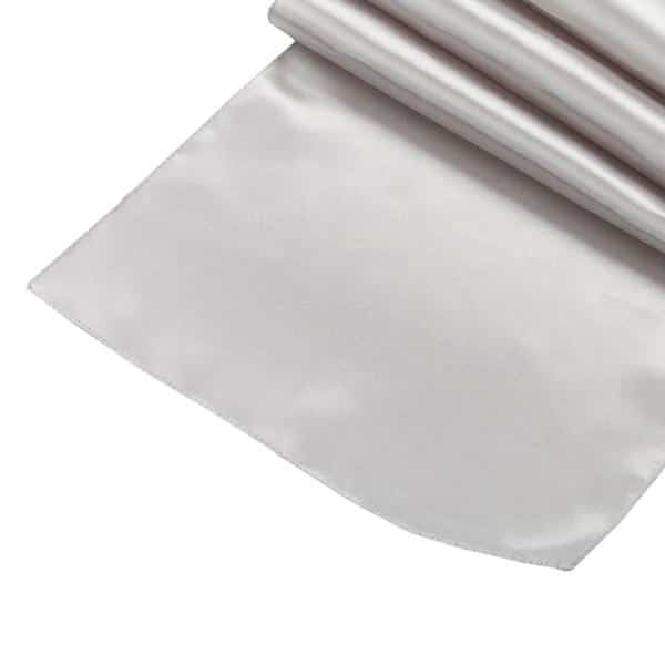 Sleek Satin Runner 14″ x 108″ – Silver | Rental Sleek Satin Runner 14″ x 108″ – Silver | Rental