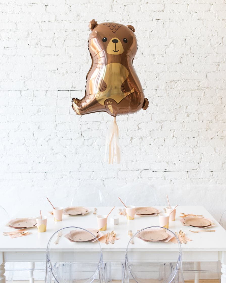 Woodland Bear Foil Balloon with Blush Skirt Centerpiece | Rental