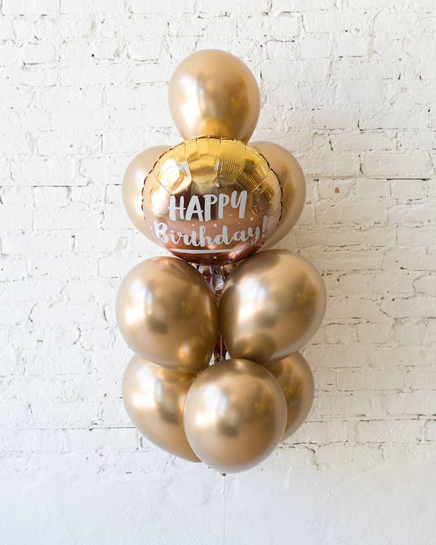 Golden – Happy Birthday Foil and 11in Balloons – bouquet of 10 | Rental Golden – Happy Birthday Foil and 11in Balloons – bouquet of 10 | Rental