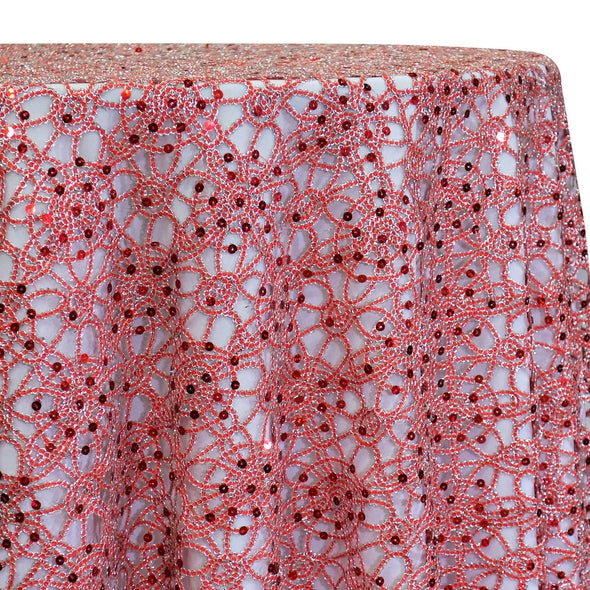 Flower Chain Lace Table Linen in Red and Silver | Rental