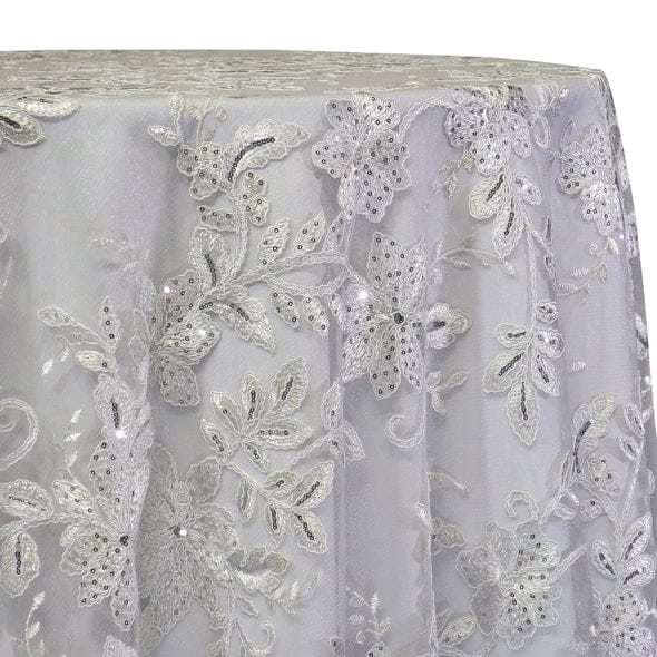 Claire Lace Table Linen in Silver and White | Rental