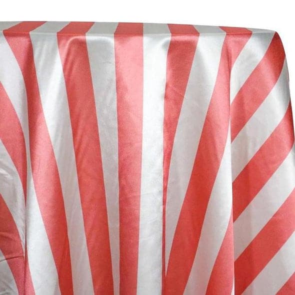 2″ Satin Stripe Table Linen in White and Coral | Rental 2″ Satin Stripe Table Linen in White and Coral | Rental