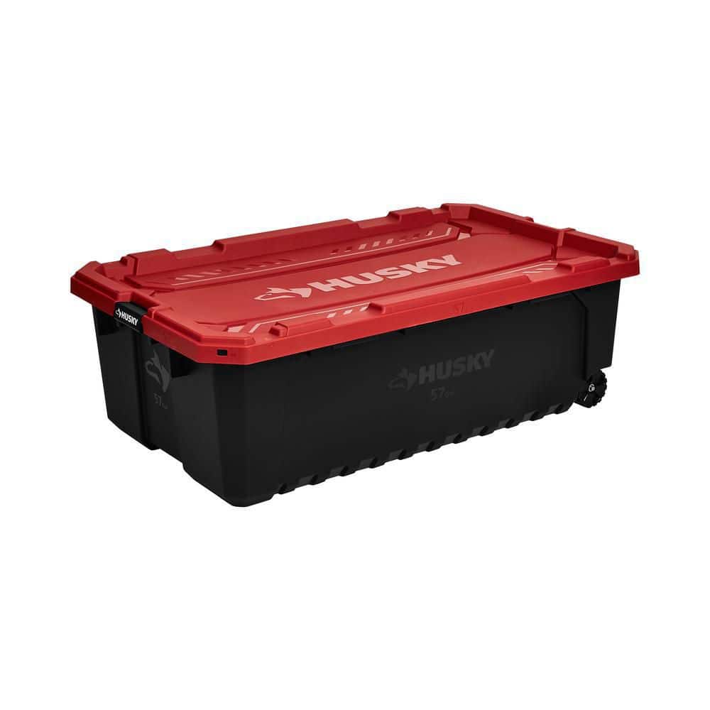 Husky — 57 Gal. Pro Grip Storage Tote with Wheels in Black with Red Lid | Rental Husky — 57 Gal. Pro Grip Storage Tote with Wheels in Black with Red Lid | Rental