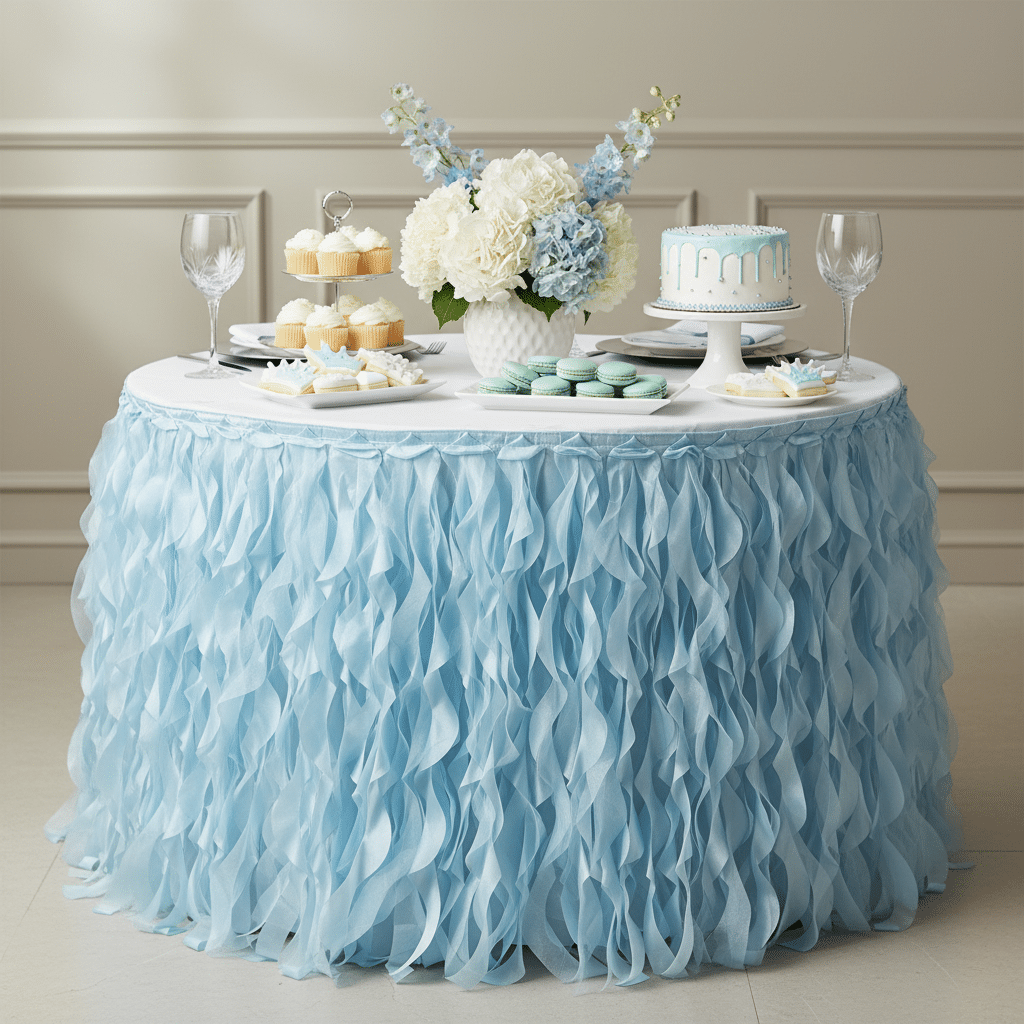 Curly Willow 17ft Table Skirt – Baby Blue | Rental