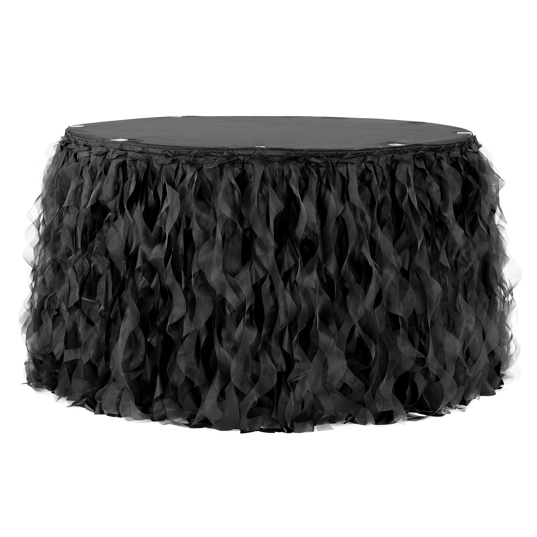 Curly Willow 17ft Table Skirt – Black | Rental