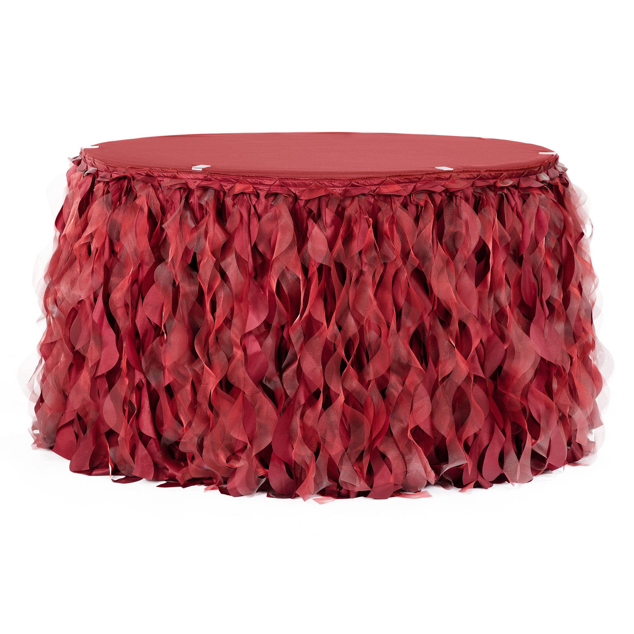 Curly Willow 17ft Table Skirt – Apple Red | Rental