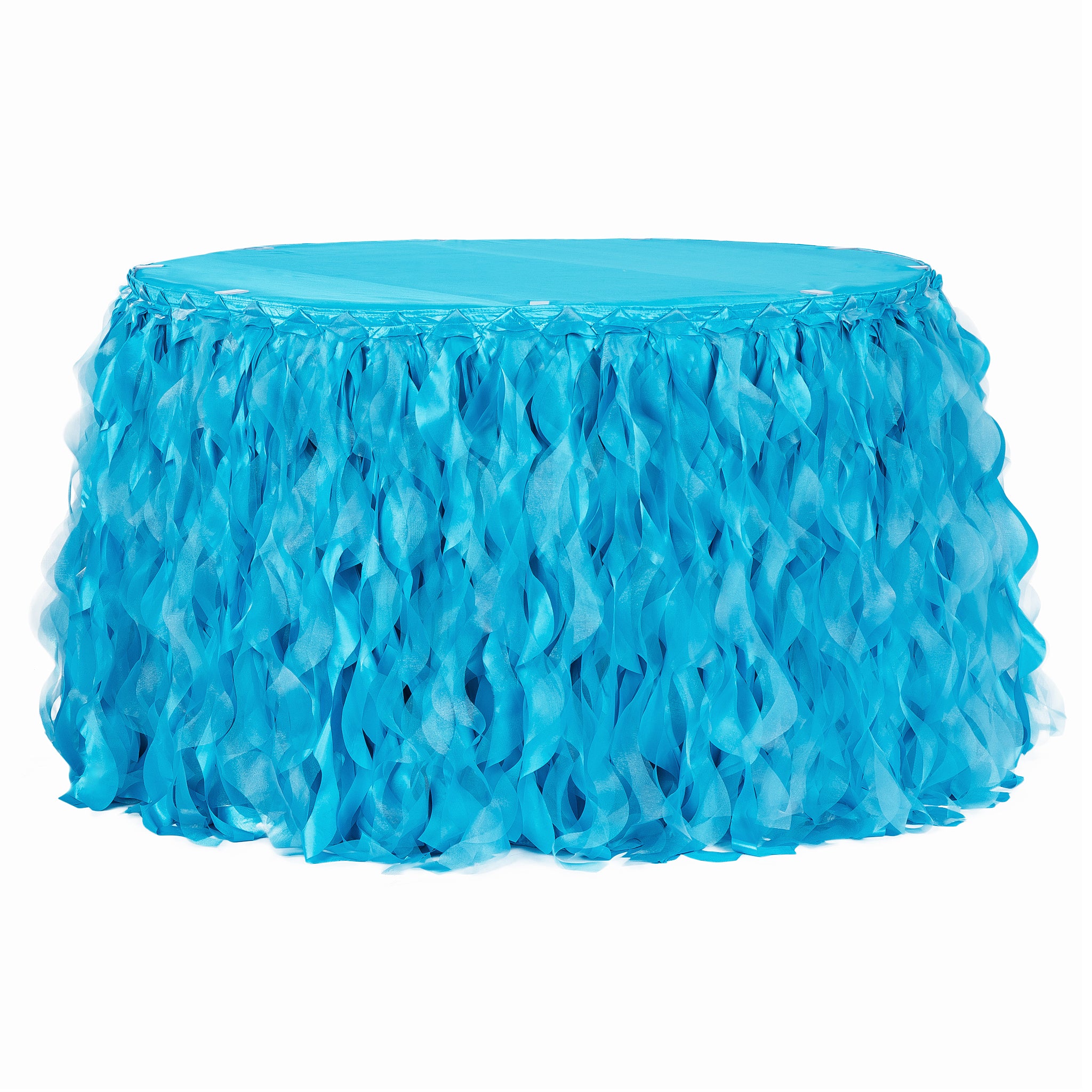 Curly Willow 14ft Table Skirt – Aqua Blue | Rental