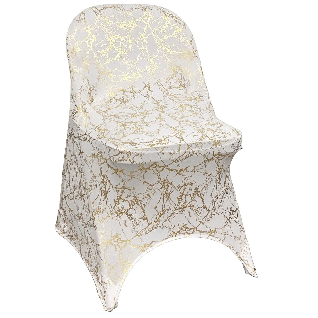 Print Spandex Folding Chair Cover in White with Gold Marbling | Rental