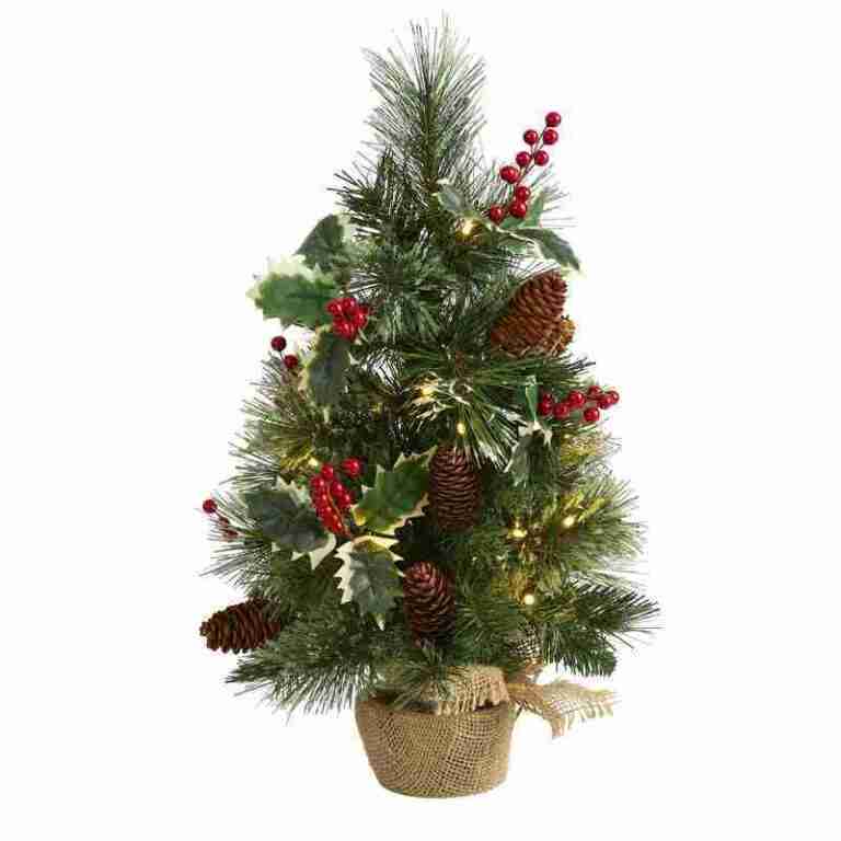 18” Mixed Pine Artificial Christmas Tree with Holly Berries, Pinecones, 35 Clear LED Lights and Burlap Base | Rental 18” Mixed Pine Artificial Christmas Tree with Holly Berries, Pinecones, 35 Clear LED Lights and Burlap Base | Rental