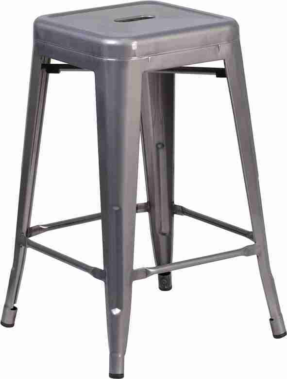 24” High Backless Clear Coated Metal Indoor Counter Height Stool with Square Seat | Rental