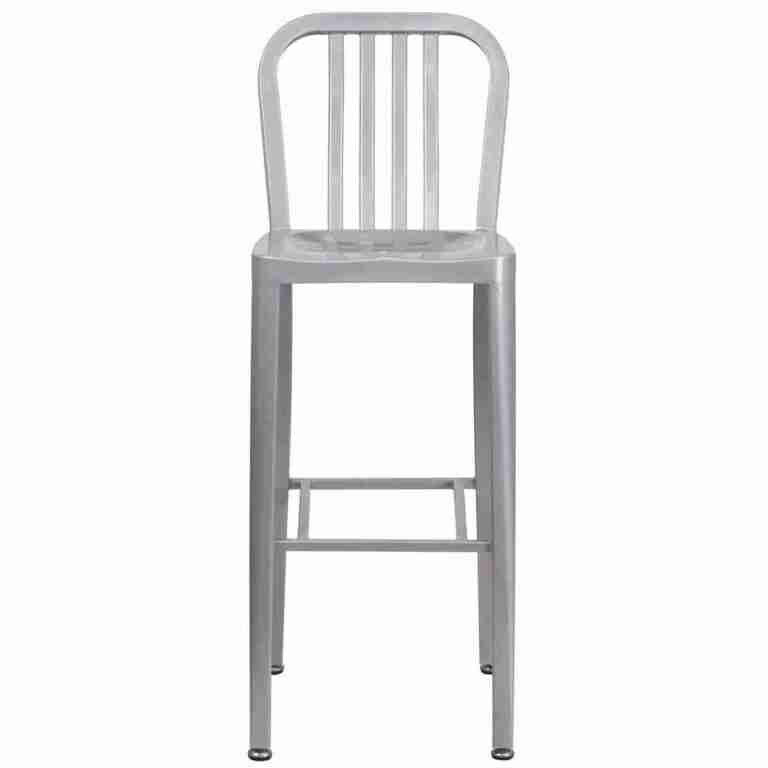 30″ High Silver Metal Indoor-Outdoor Barstool with Vertical Slat Back | Rental 30″ High Silver Metal Indoor-Outdoor Barstool with Vertical Slat Back | Rental