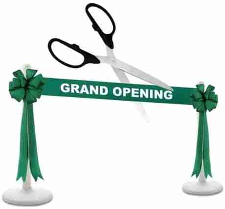 Deluxe Grand Opening Kit - 25" Black/Silver Ceremonial Ribbon Cutting Scissors with 5 Yards of 6" Red Grand Opening Ribbon, 2 Red Bows and 2 White Plastic Stanchions
