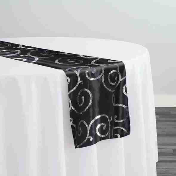 Swirl Sequins Taffeta Table Runner in Silver and Black | Rental Swirl Sequins Taffeta Table Runner in Silver and Black | Rental