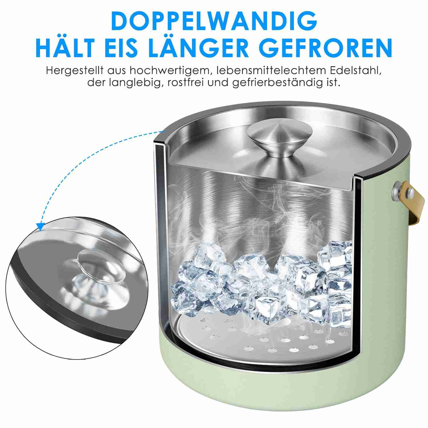 3.2L/3.4QT Stainless Steel Ice Bucket with Lid and Scoop, Double Wall Insulated Ice Bucket for Cocktail Bar and Parties (Mint Green)