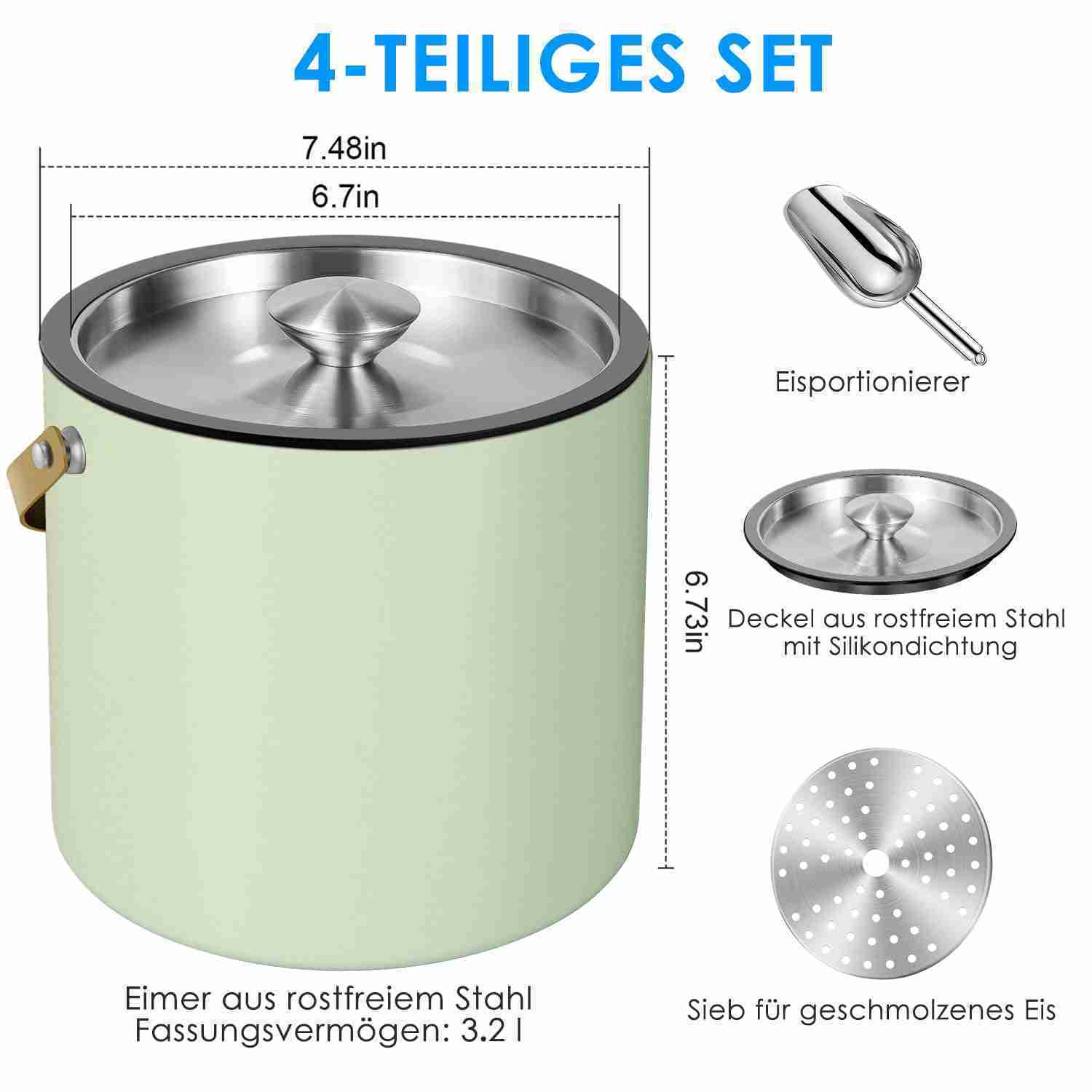 3.2L/3.4QT Stainless Steel Ice Bucket with Lid and Scoop, Double Wall Insulated Ice Bucket for Cocktail Bar and Parties (Mint Green)